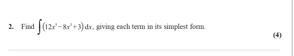 Find-\(-\int-(12x^3---8x^2-+-3)-\,-dx-\),-giving-each-term-in-its-simplest-form.-Edexcel-A-Level Maths Pure-Question 4-2009-Paper 1.png